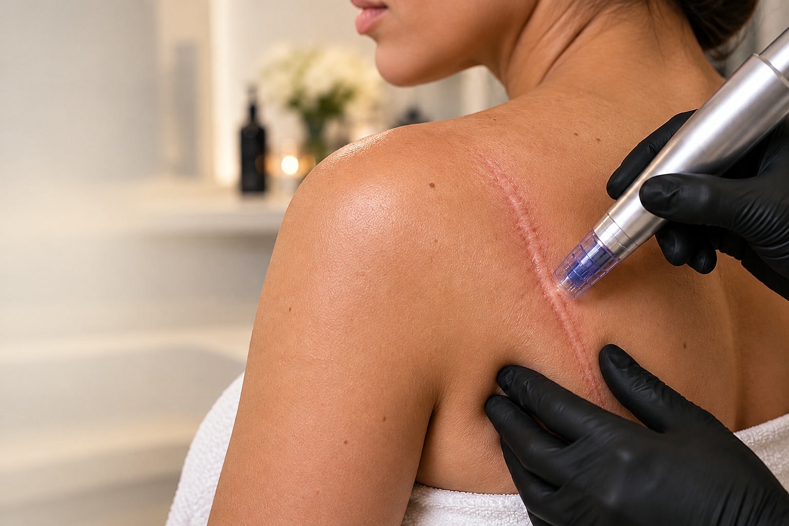 A practitioner using a collagen-induction pen to treat a surgical scar on a client's shoulder