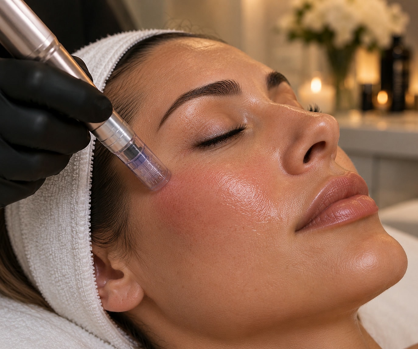 A microneedling pen being used on a client's cheek