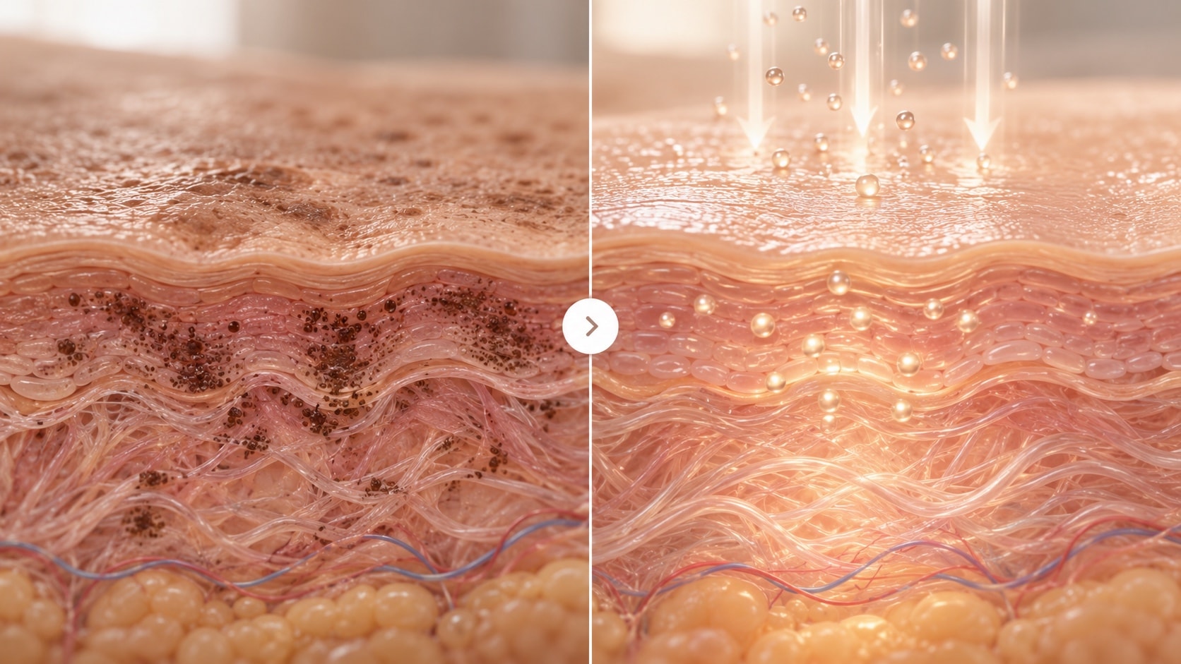Split cross-section illustration of the skin's layers, with serum droplets infusing the surface on the right