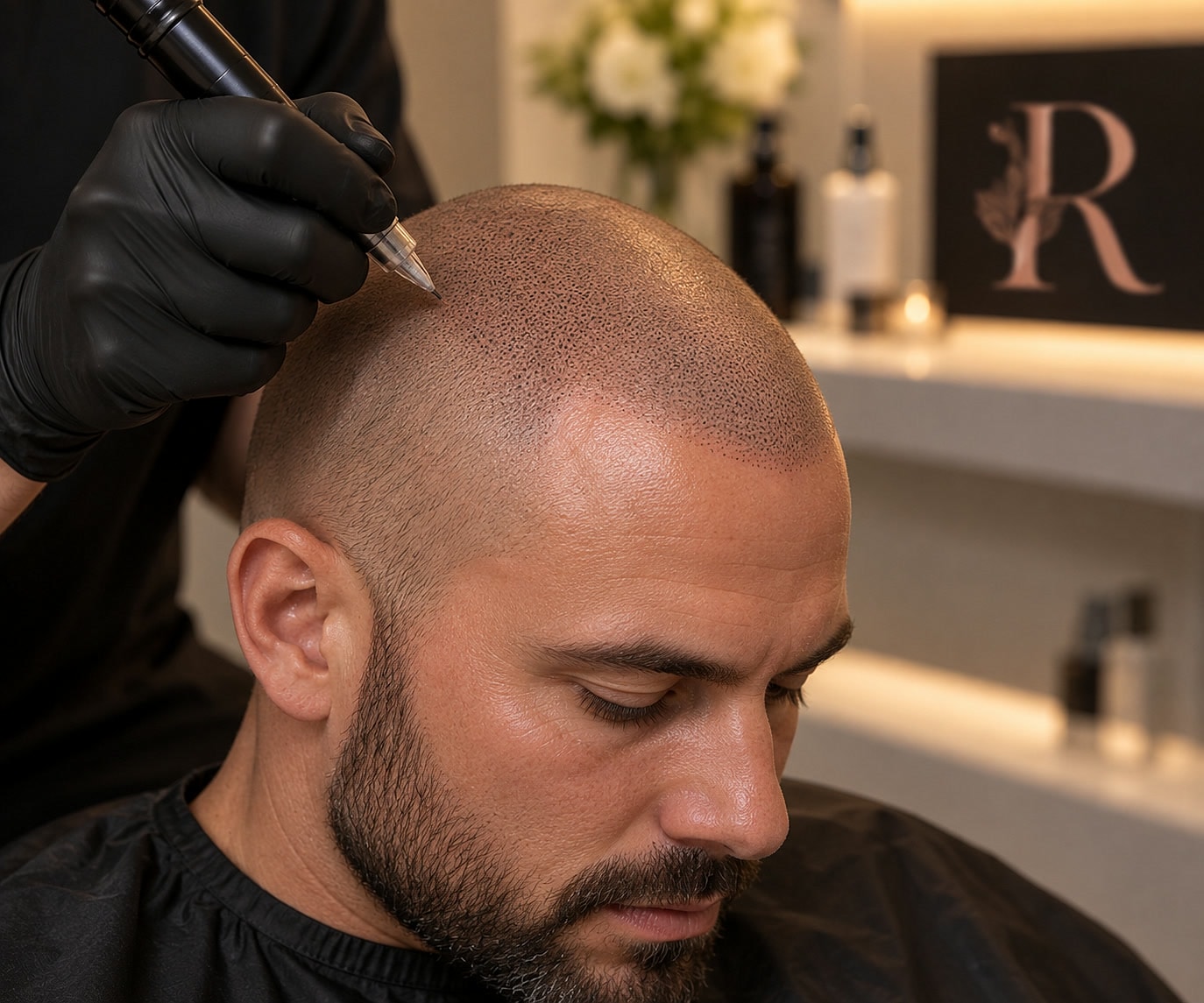 A practitioner applying scalp micropigmentation to create the appearance of hair density